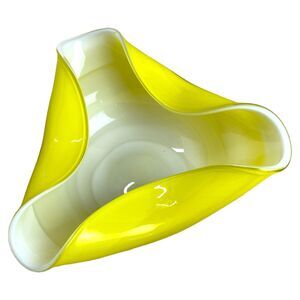 Vintage Wales Art Glass Ashtray Yellow White Tri-Fold Candy Dish MCM Decor